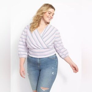 Nwt Lane Bryant Women’s Sz 22 Striped Balloon Sleeve V-Neck Cropped Smocked Top